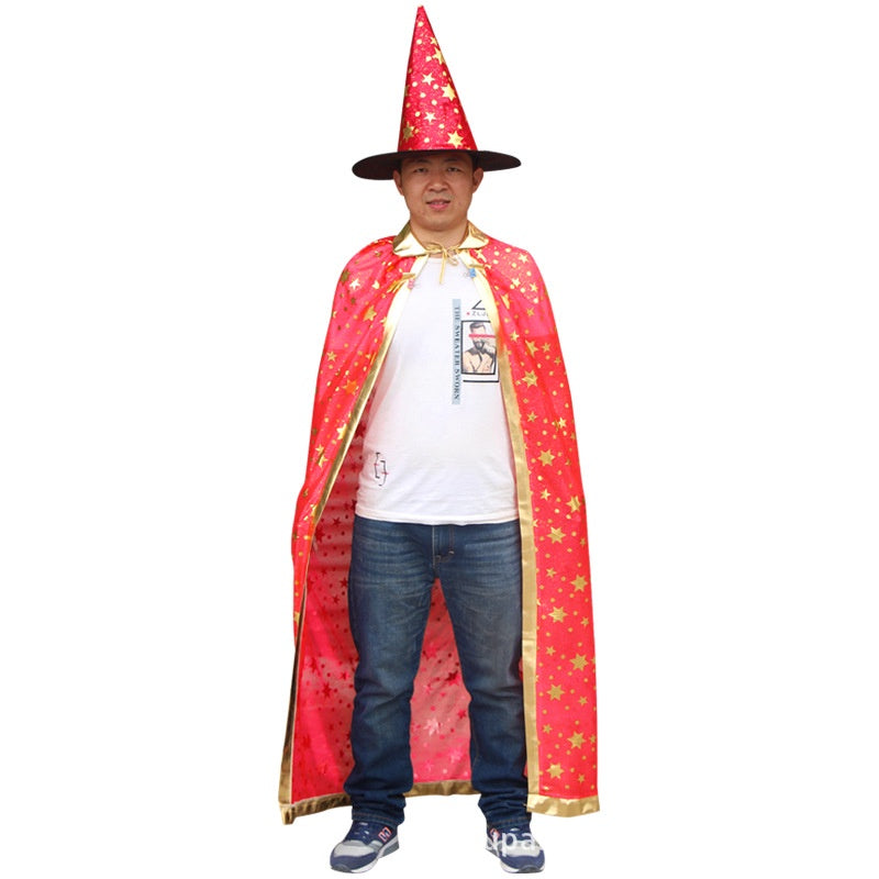 SG Stock 90/140cm Kids Halloween Satin Gold Star Cosplay Costume Witch Cloak Cape Robe & Hat