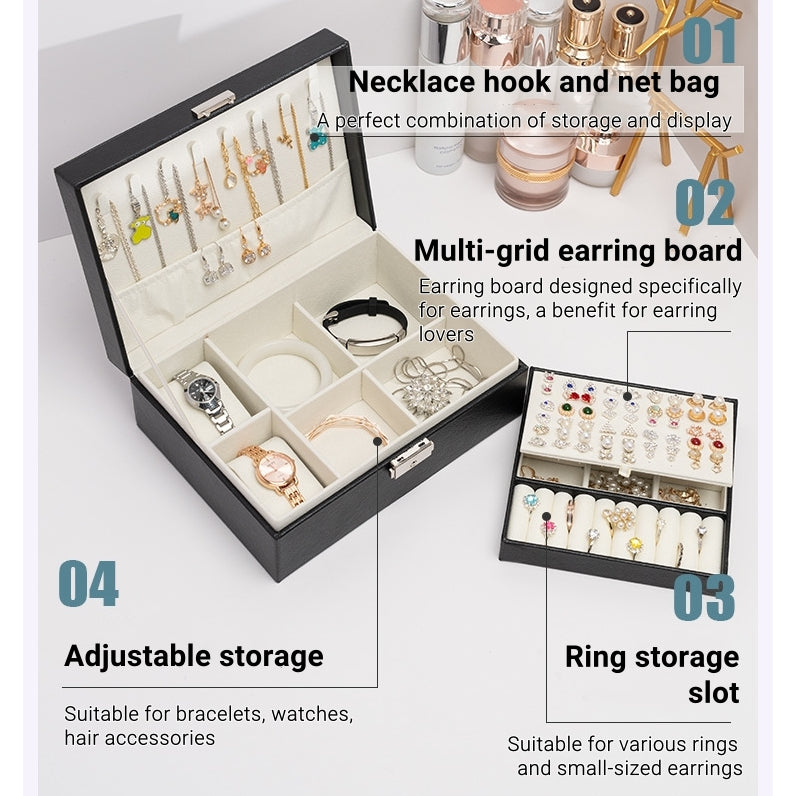 Jewlery Box With Lock Three Layers Large Capacity Necklace Earring Bracelet Organizer Box