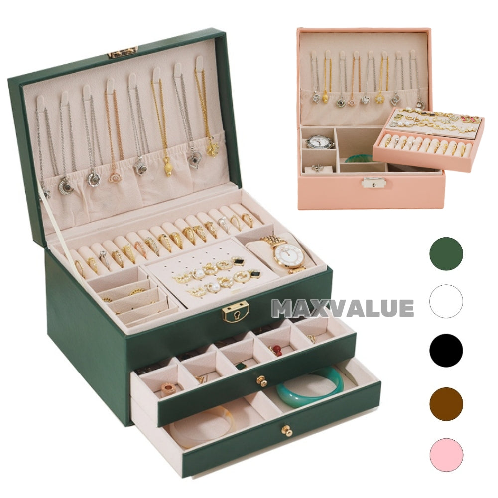 Jewlery Box With Lock Three Layers Large Capacity Necklace Earring Bracelet Organizer Box