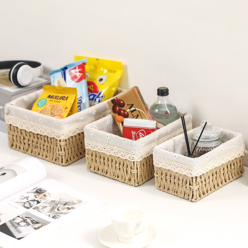 Hand-Woven Rattan Basket Desktop Storage Box Sundries Organizer