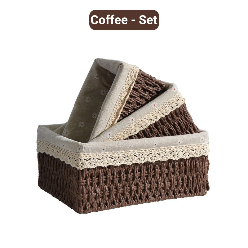 Hand-Woven Rattan Basket Desktop Storage Box Sundries Organizer