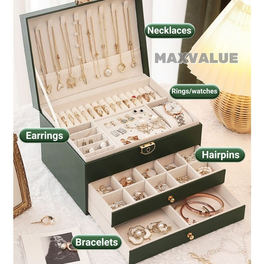 Jewlery Box With Lock Three Layers Large Capacity Necklace Earring Bracelet Organizer Box