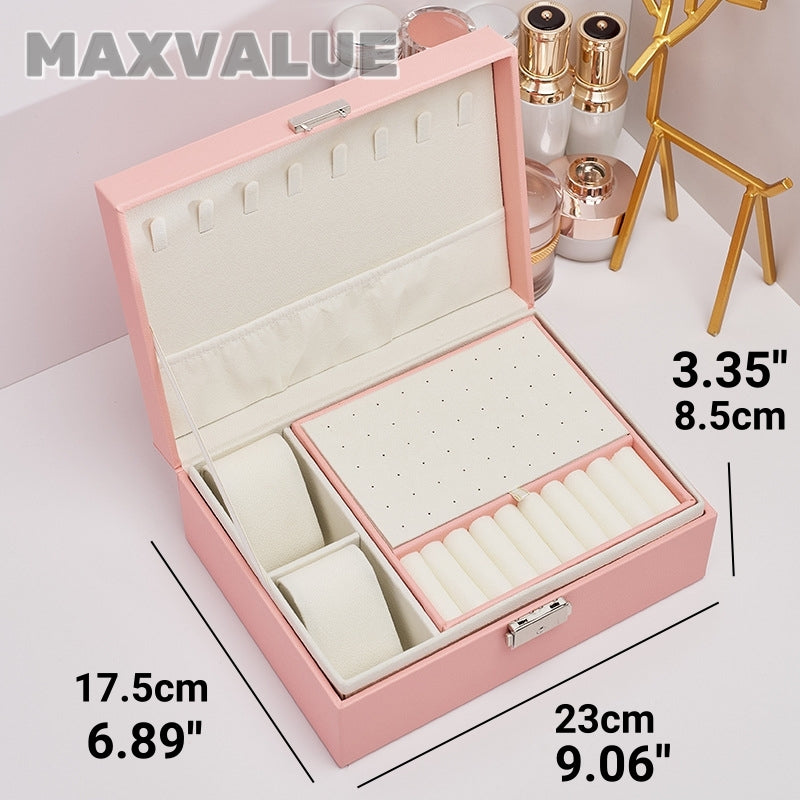 Jewlery Box With Lock Three Layers Large Capacity Necklace Earring Bracelet Organizer Box