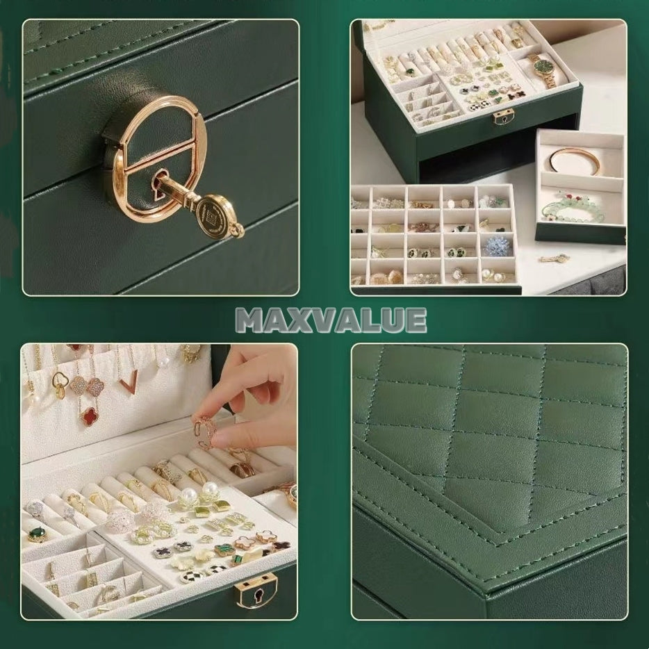 Jewlery Box With Lock Three Layers Large Capacity Necklace Earring Bracelet Organizer Box