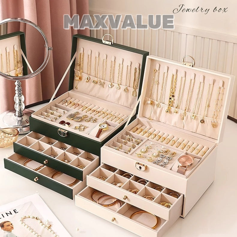 Jewlery Box With Lock Three Layers Large Capacity Necklace Earring Bracelet Organizer Box
