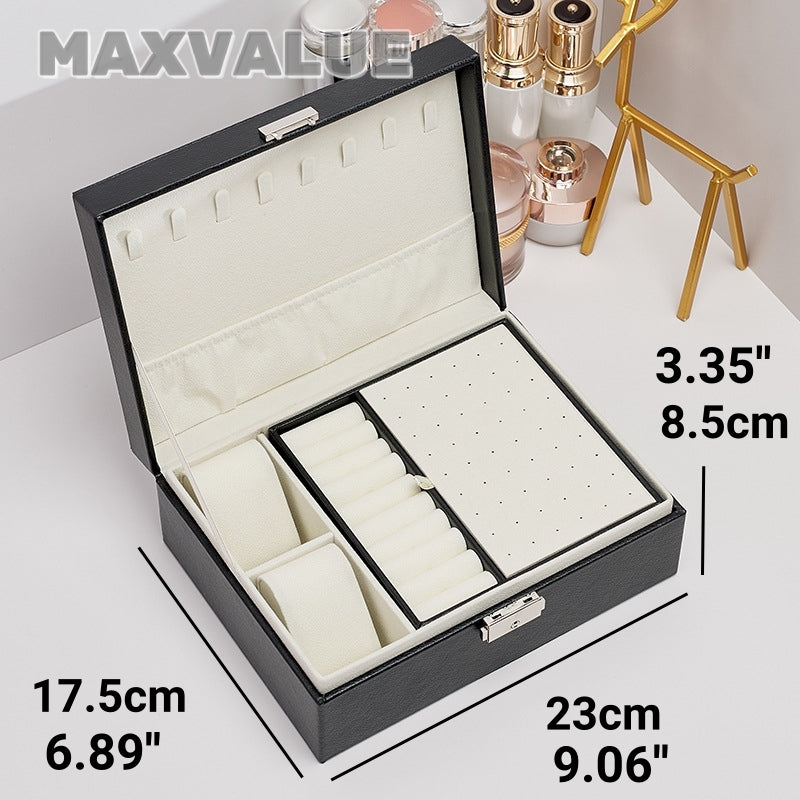 Jewlery Box With Lock Three Layers Large Capacity Necklace Earring Bracelet Organizer Box