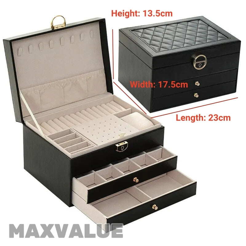 Jewlery Box With Lock Three Layers Large Capacity Necklace Earring Bracelet Organizer Box