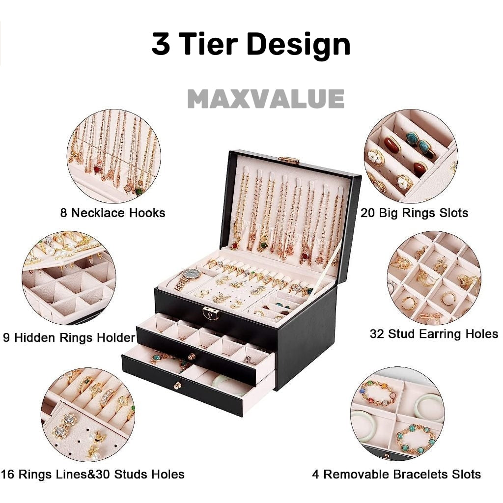 Jewlery Box With Lock Three Layers Large Capacity Necklace Earring Bracelet Organizer Box