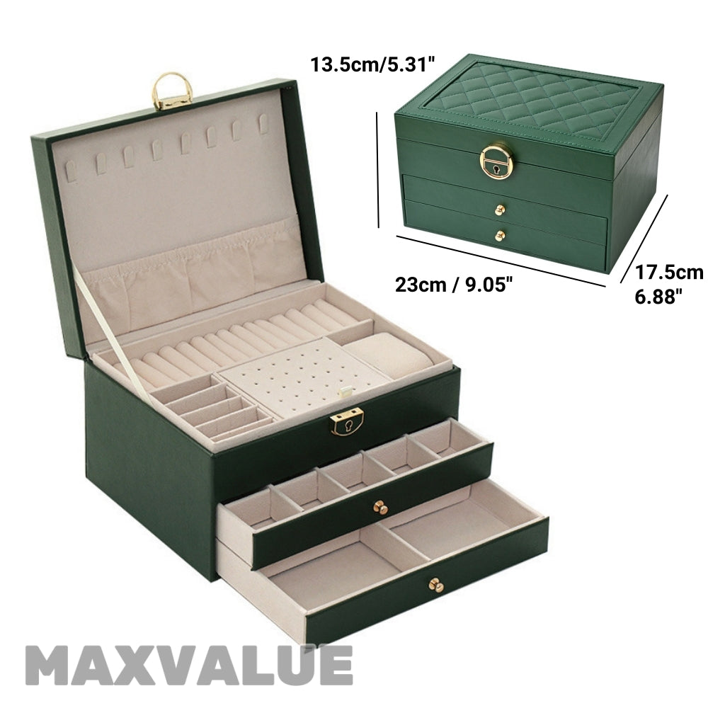 Jewlery Box With Lock Three Layers Large Capacity Necklace Earring Bracelet Organizer Box