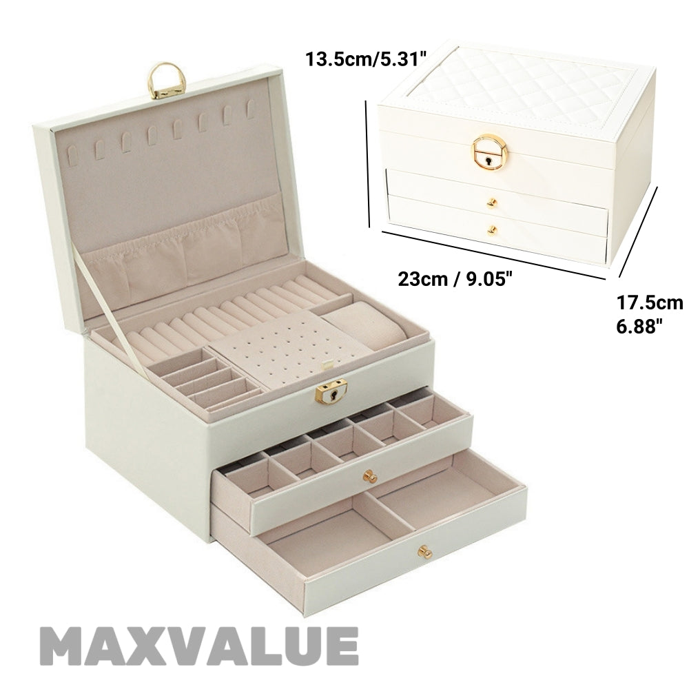 Jewlery Box With Lock Three Layers Large Capacity Necklace Earring Bracelet Organizer Box