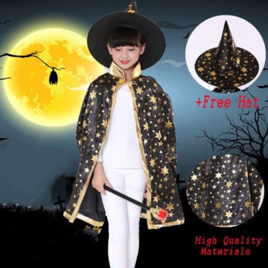 SG Stock 90/140cm Kids Halloween Satin Gold Star Cosplay Costume Witch Cloak Cape Robe & Hat