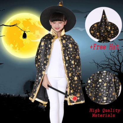 SG Stock 90/140cm Kids Halloween Satin Gold Star Cosplay Costume Witch Cloak Cape Robe & Hat