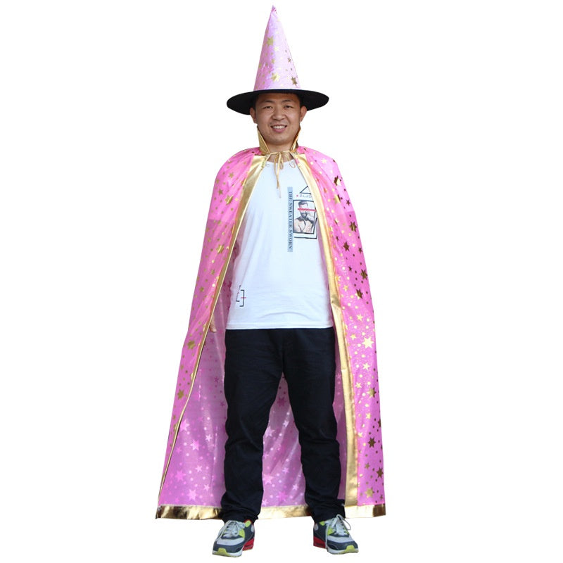 SG Stock 90/140cm Kids Halloween Satin Gold Star Cosplay Costume Witch Cloak Cape Robe & Hat