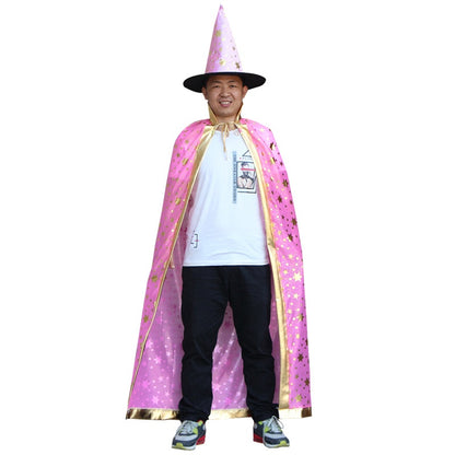 SG Stock 90/140cm Kids Halloween Satin Gold Star Cosplay Costume Witch Cloak Cape Robe & Hat