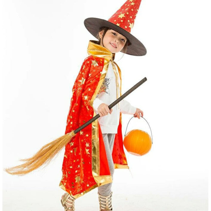 SG Stock 90/140cm Kids Halloween Satin Gold Star Cosplay Costume Witch Cloak Cape Robe & Hat