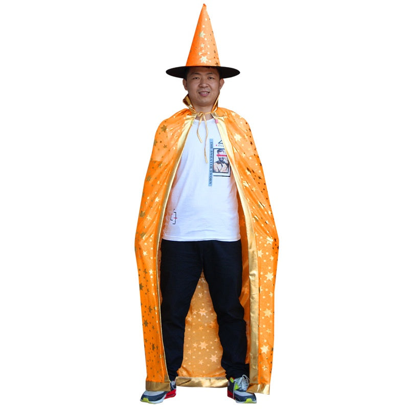 SG Stock 90/140cm Kids Halloween Satin Gold Star Cosplay Costume Witch Cloak Cape Robe & Hat