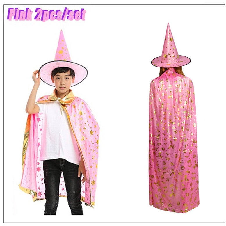 SG Stock 90/140cm Kids Halloween Satin Gold Star Cosplay Costume Witch Cloak Cape Robe & Hat