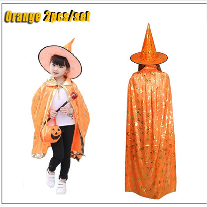SG Stock 90/140cm Kids Halloween Satin Gold Star Cosplay Costume Witch Cloak Cape Robe & Hat