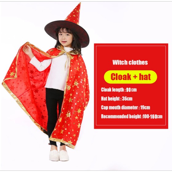 SG Stock 90/140cm Kids Halloween Satin Gold Star Cosplay Costume Witch Cloak Cape Robe & Hat