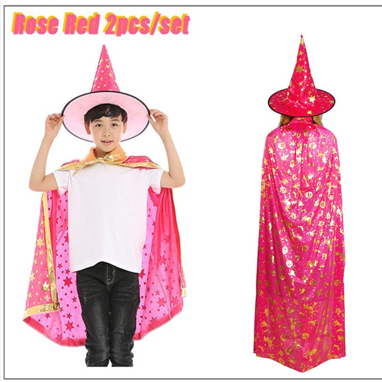 SG Stock 90/140cm Kids Halloween Satin Gold Star Cosplay Costume Witch Cloak Cape Robe & Hat
