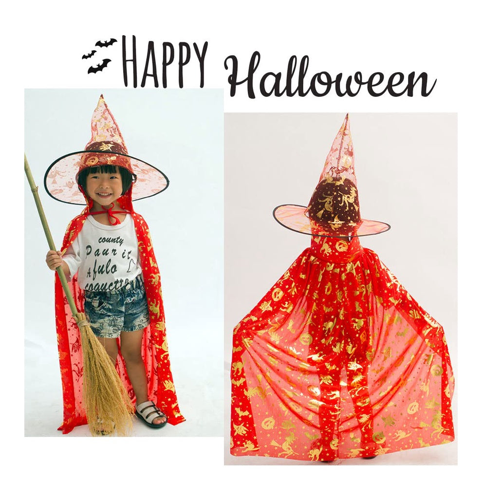 SG Stock 90/140cm Kids Halloween Satin Gold Star Cosplay Costume Witch Cloak Cape Robe & Hat