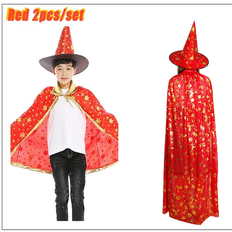 SG Stock 90/140cm Kids Halloween Satin Gold Star Cosplay Costume Witch Cloak Cape Robe & Hat