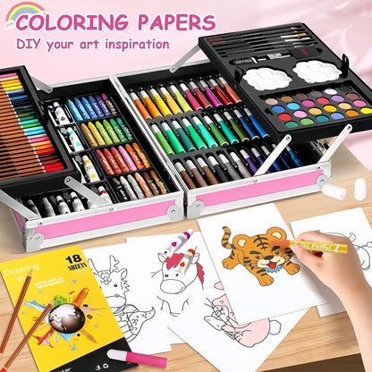 145pcs Art set Unicorn Design Aluminum Case Painting Pen Stationery Set Watercolor Pens Crayon Marker Pencil Drawing Pai