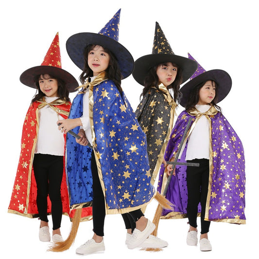 SG Stock 90/140cm Kids Halloween Satin Gold Star Cosplay Costume Witch Cloak Cape Robe & Hat