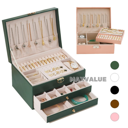 Jewlery Box With Lock Three Layers Large Capacity Necklace Earring Bracelet Organizer Box