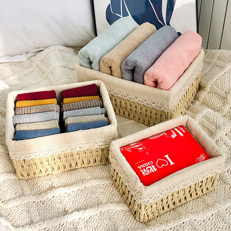 Hand-Woven Rattan Basket Desktop Storage Box Sundries Organizer