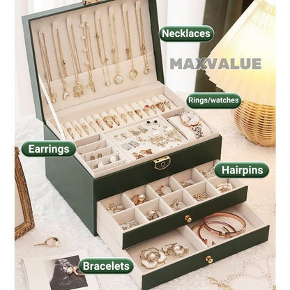 Jewlery Box With Lock Three Layers Large Capacity Necklace Earring Bracelet Organizer Box