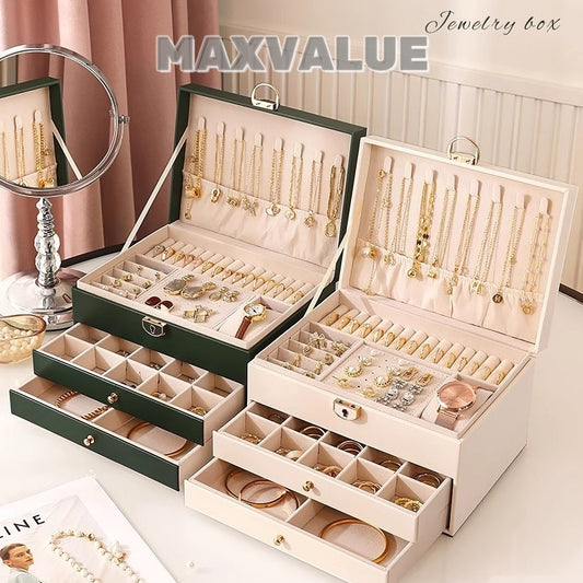 Jewlery Box With Lock Three Layers Large Capacity Necklace Earring Bracelet Organizer Box