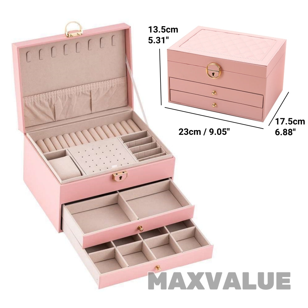 Jewlery Box With Lock Three Layers Large Capacity Necklace Earring Bracelet Organizer Box