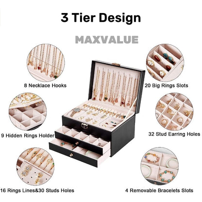 Jewlery Box With Lock Three Layers Large Capacity Necklace Earring Bracelet Organizer Box